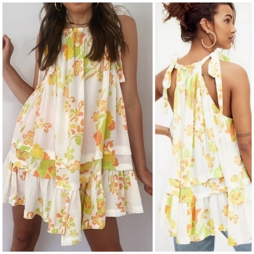 Free People Gauzy Tie Strap Swing Fleur White Yellow Tunic Dress, Xs